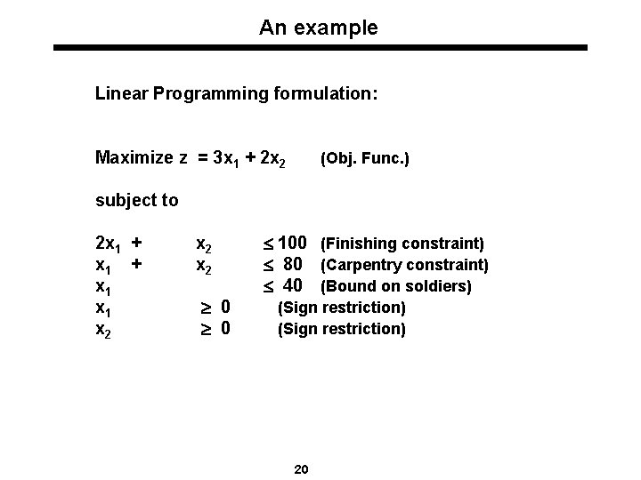 An example Linear Programming formulation: Maximize z = 3 x 1 + 2 x
