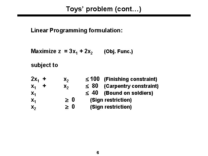 Toys’ problem (cont…) Linear Programming formulation: Maximize z = 3 x 1 + 2