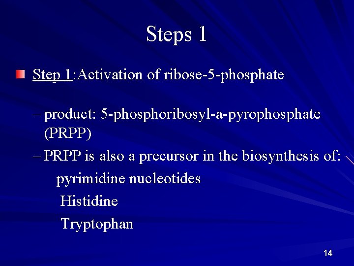 Steps 1 Step 1: Activation of ribose-5 -phosphate – product: 5 -phosphoribosyl-a-pyrophosphate (PRPP) –
