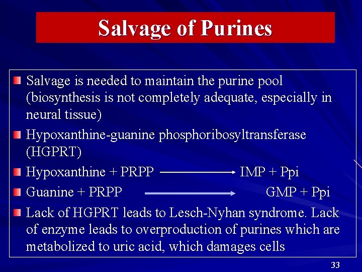 Salvage of Purines Salvage is needed to maintain the purine pool (biosynthesis is not