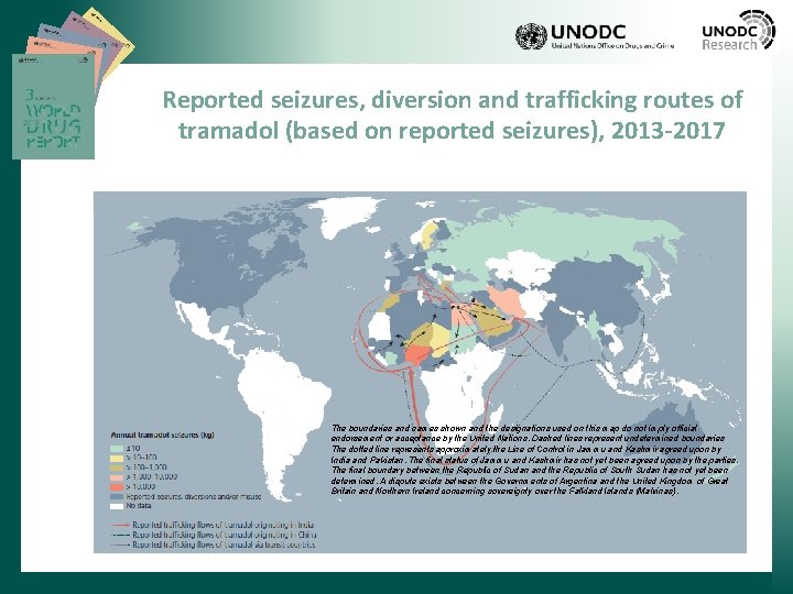 Reported seizures, diversion and trafficking routes of tramadol (based on reported seizures), 2013 -2017