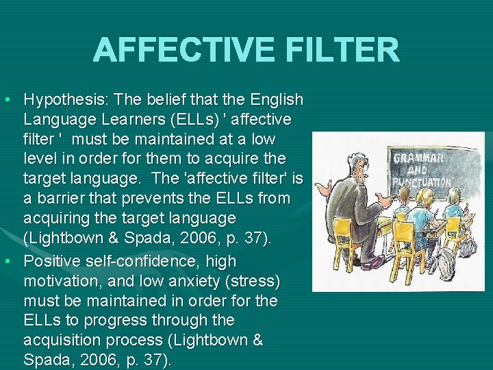 AFFECTIVE FILTER • Hypothesis: The belief that the English Language Learners (ELLs) ' affective