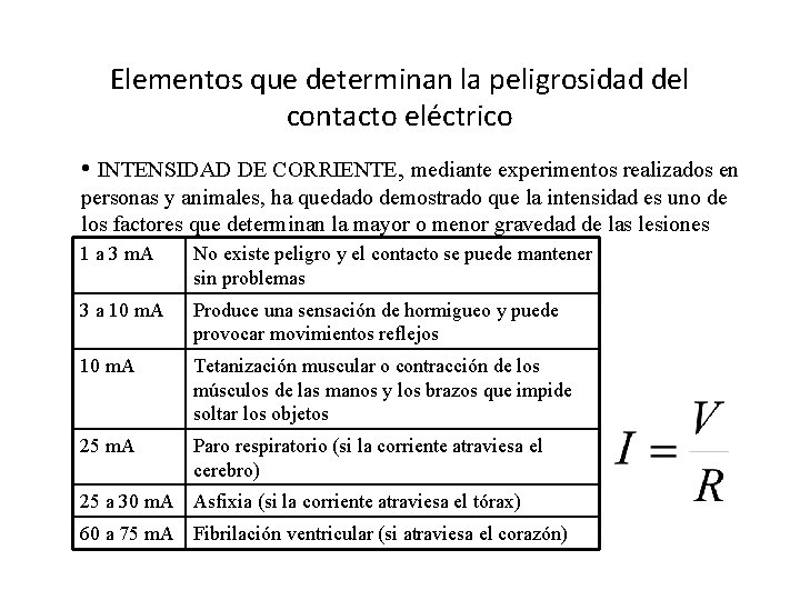 Elementos que determinan la peligrosidad del contacto eléctrico • INTENSIDAD DE CORRIENTE, mediante experimentos