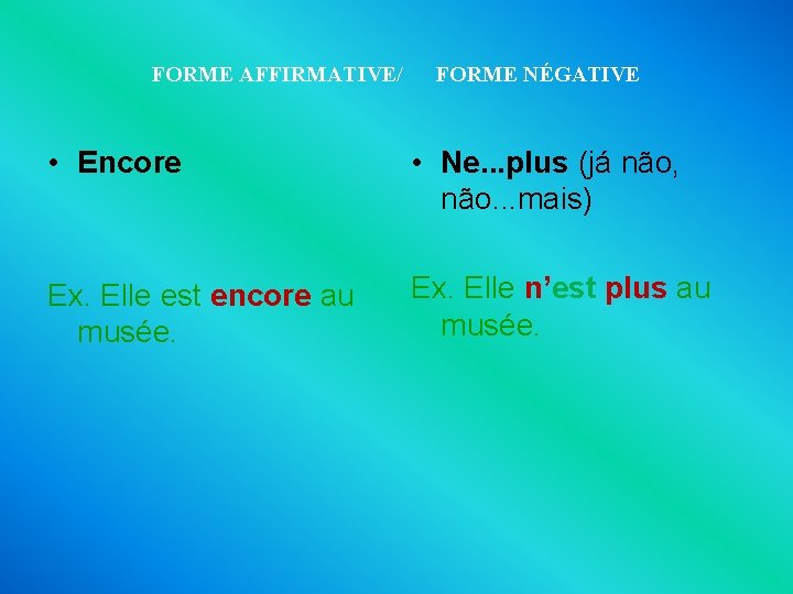 FORME AFFIRMATIVE/ FORME NÉGATIVE • Encore • Ne. . . plus (já não, não.