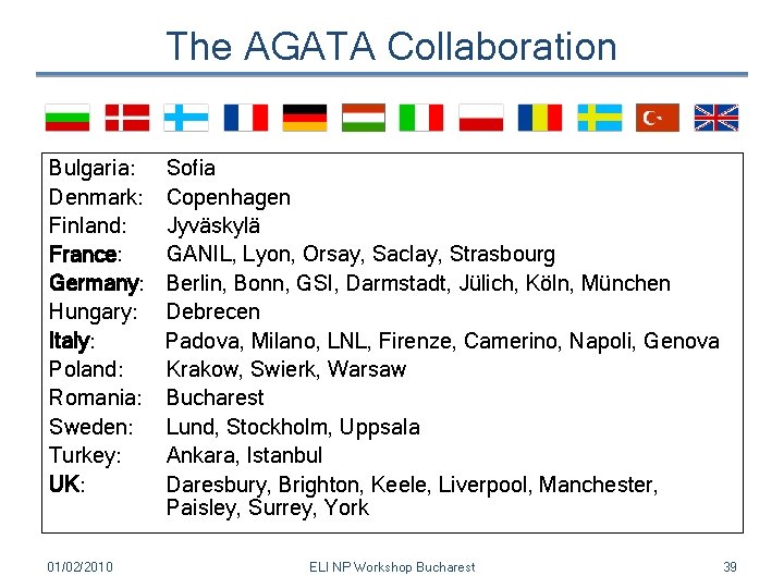 The AGATA Collaboration Bulgaria: Denmark: Finland: France: Germany: Hungary: Italy: Poland: Romania: Sweden: Turkey: