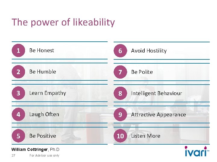 The power of likeability 1 Be Honest 6 Avoid Hostility 2 Be Humble 7