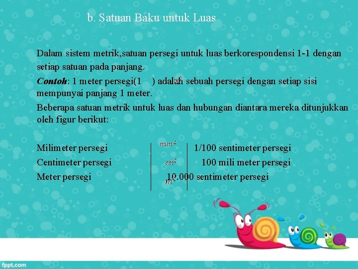b. Satuan Baku untuk Luas Dalam sistem metrik, satuan persegi untuk luas berkorespondensi 1