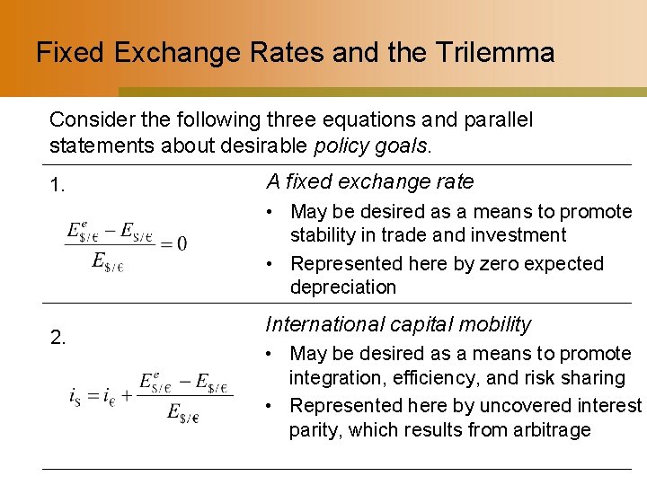 Fixed Exchange Rates and the Trilemma Consider the following three equations and parallel statements