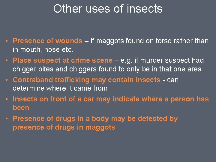 Other uses of insects • Presence of wounds – if maggots found on torso