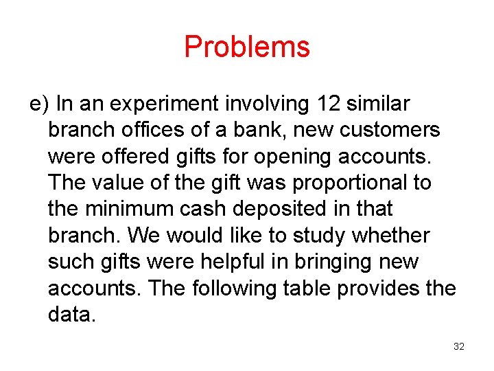 Problems e) In an experiment involving 12 similar branch offices of a bank, new