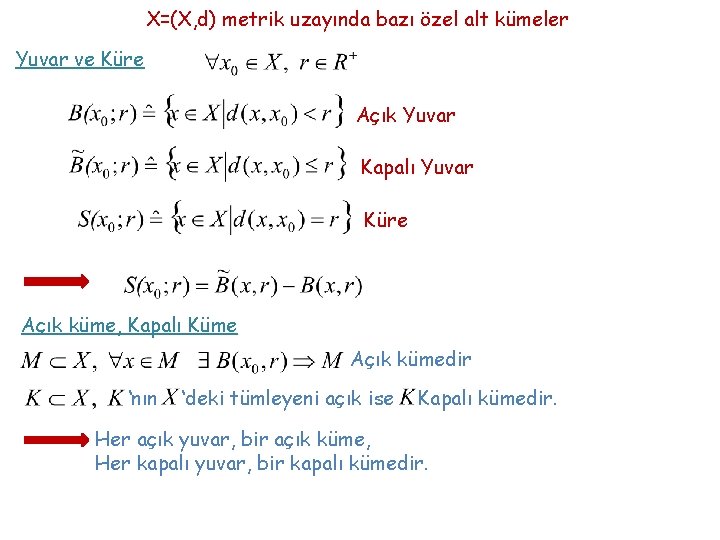 X=(X, d) metrik uzayında bazı özel alt kümeler Yuvar ve Küre Açık Yuvar Kapalı X=(X, d) metrik uzayında bazı özel alt kümeler Yuvar ve Küre Açık Yuvar Kapalı