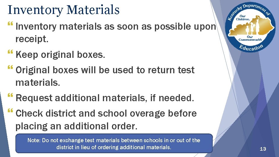 Inventory Materials } Inventory materials as soon as possible upon receipt. } Keep original