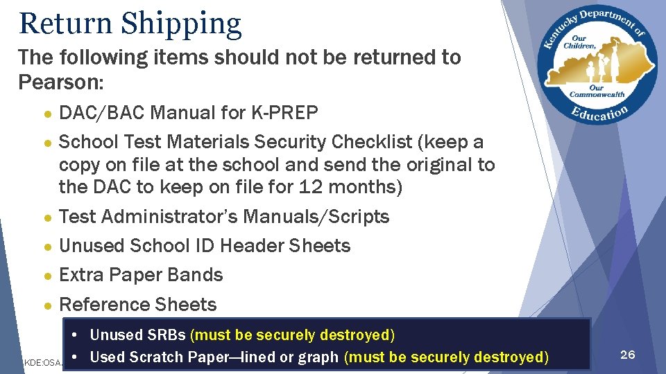 Return Shipping The following items should not be returned to Pearson: DAC/BAC Manual for