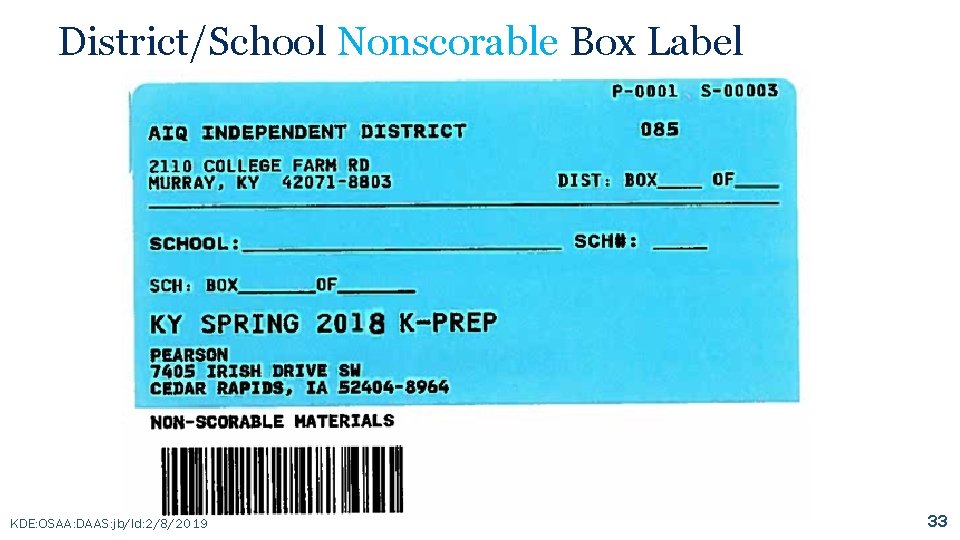 District/School Nonscorable Box Label KDE: OSAA: DAAS: jb/ld: 2/8/2019 33 