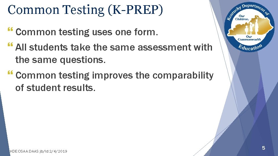 Common Testing (K-PREP) } Common testing uses one form. } All students take the