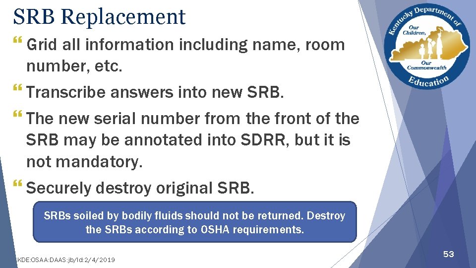 SRB Replacement } Grid all information including name, room number, etc. } Transcribe answers