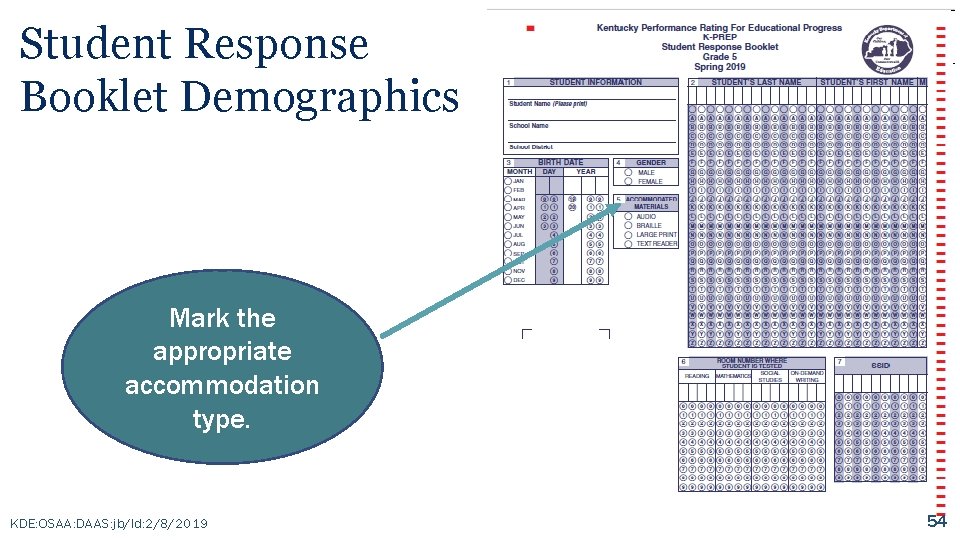 Student Response Booklet Demographics Mark the appropriate accommodation type. KDE: OSAA: DAAS: jb/ld: 2/8/2019