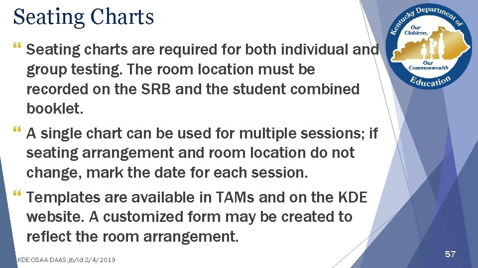 Seating Charts } Seating charts are required for both individual and group testing. The