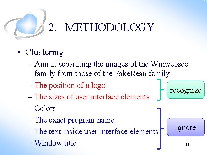 2. METHODOLOGY • Clustering – Aim at separating the images of the Winwebsec family 2. METHODOLOGY • Clustering – Aim at separating the images of the Winwebsec family