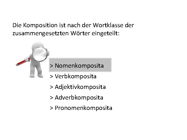 Die Komposition ist nach der Wortklasse der zusammengesetzten Wörter eingeteilt: > Nomenkomposita > Verbkomposita