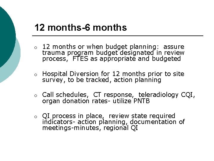 12 months-6 months o 12 months or when budget planning: assure trauma program budget