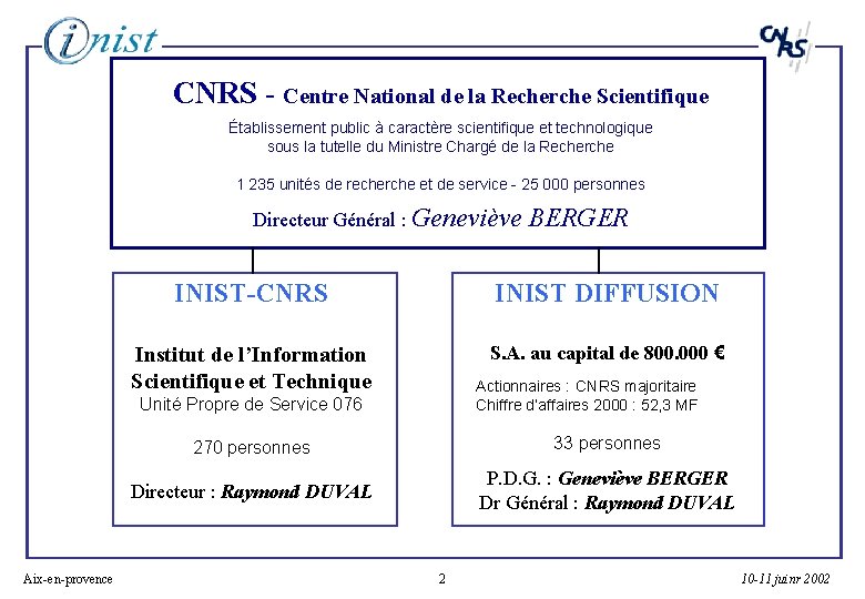 CNRS - Centre National de la Recherche Scientifique Établissement public à caractère scientifique et