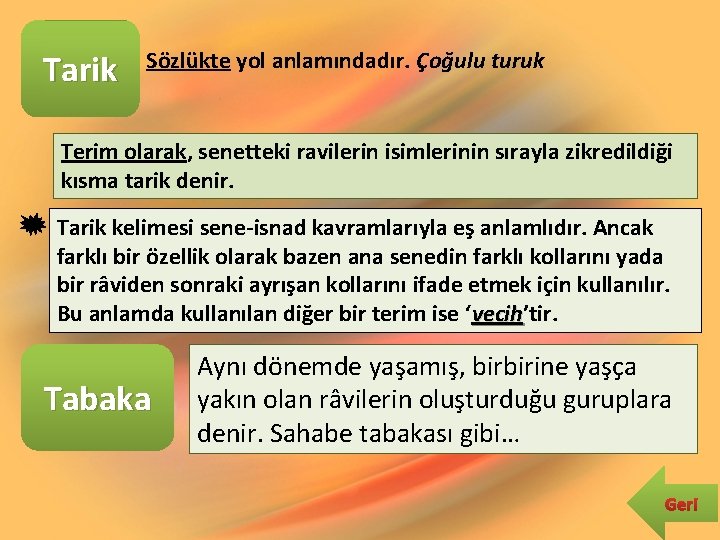 Tarik Sözlükte yol anlamındadır. Çoğulu turuk Terim olarak, senetteki ravilerin isimlerinin sırayla zikredildiği kısma Tarik Sözlükte yol anlamındadır. Çoğulu turuk Terim olarak, senetteki ravilerin isimlerinin sırayla zikredildiği kısma
