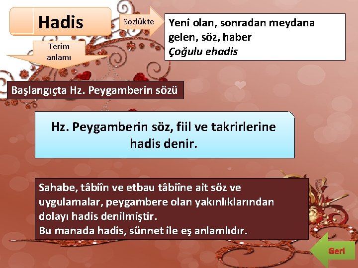 Hadis Terim anlamı Sözlükte Yeni olan, sonradan meydana gelen, söz, haber Çoğulu ehadis Başlangıçta Hadis Terim anlamı Sözlükte Yeni olan, sonradan meydana gelen, söz, haber Çoğulu ehadis Başlangıçta