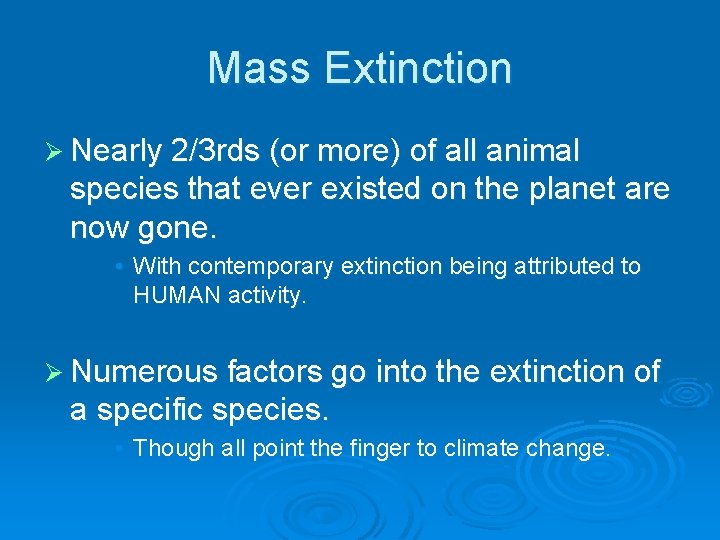 Mass Extinction Ø Nearly 2/3 rds (or more) of all animal species that ever