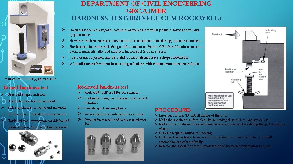 DEPARTMENT OF CIVIL ENGINEERING GEC, AJMER HARDNESS TEST(BRINELL CUM ROCKWELL) Ø Hardness is the