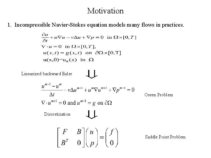 Motivation 1. Incompressible Navier-Stokes equation models many flows in practices. Linearized backward Euler Oseen