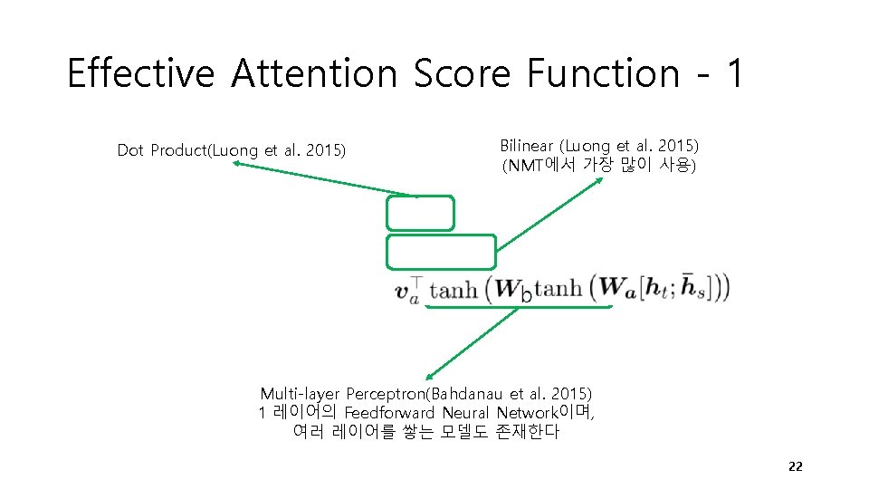 Effective Attention Score Function - 1 Dot Product(Luong et al. 2015) Bilinear (Luong et Effective Attention Score Function - 1 Dot Product(Luong et al. 2015) Bilinear (Luong et