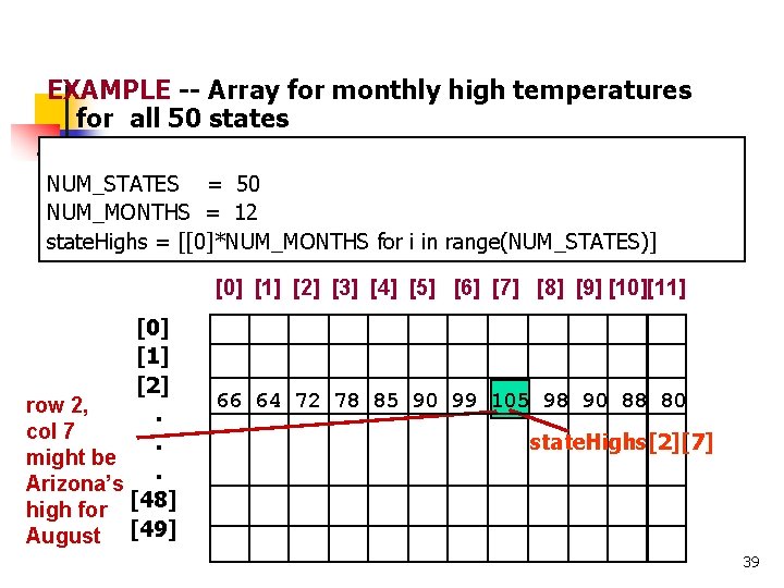 EXAMPLE -- Array for monthly high temperatures for all 50 states NUM_STATES = 50