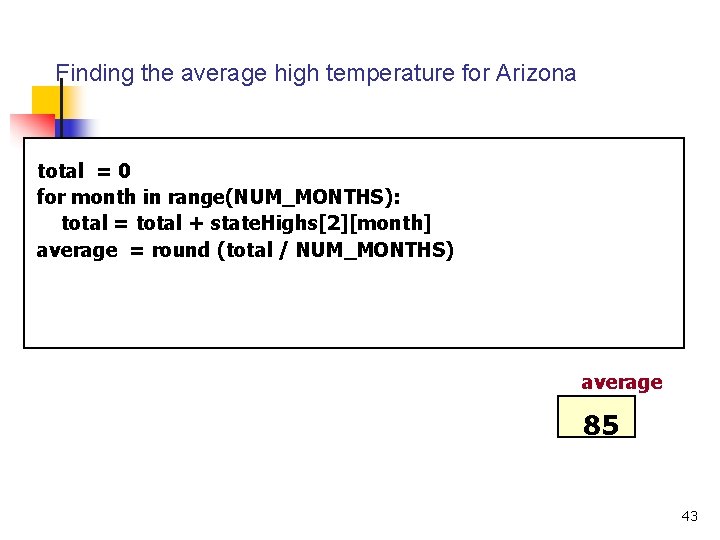 Finding the average high temperature for Arizona total = 0 for month in range(NUM_MONTHS):