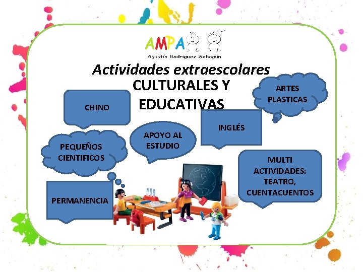 Actividades extraescolares CULTURALES Y ARTES PLASTICAS EDUCATIVAS CHINO PEQUEÑOS CIENTIFICOS PERMANENCIA APOYO AL ESTUDIO