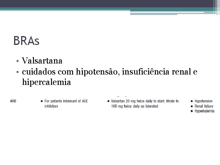 BRAs • Valsartana • cuidados com hipotensão, insuficiência renal e hipercalemia 