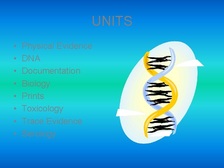 UNITS • • Physical Evidence DNA Documentation Biology Prints Toxicology Trace Evidence Serology 