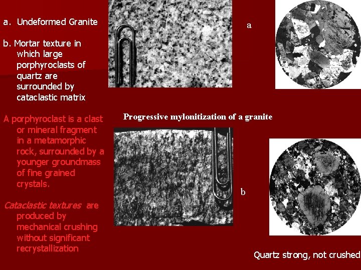 a. Undeformed Granite a b. Mortar texture in which large porphyroclasts of quartz are a. Undeformed Granite a b. Mortar texture in which large porphyroclasts of quartz are