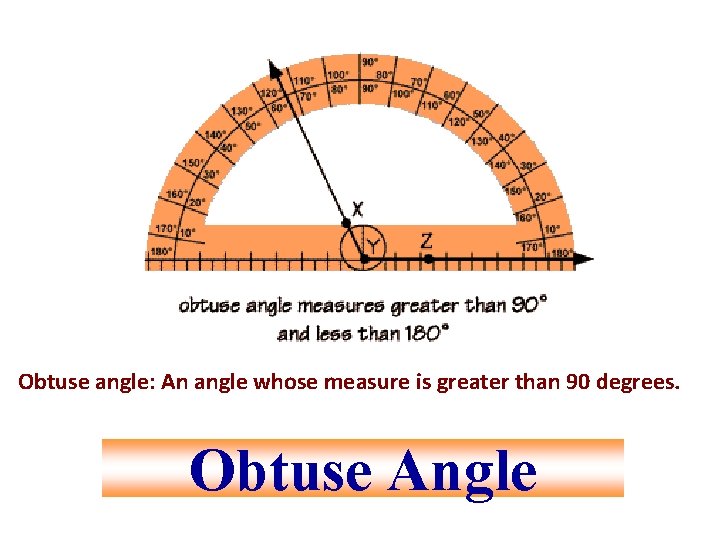 Obtuse angle: An angle whose measure is greater than 90 degrees. Obtuse Angle 