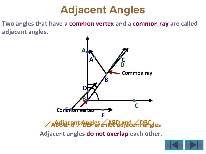 Adjacent Angles Two angles that have a common vertex and a common ray are