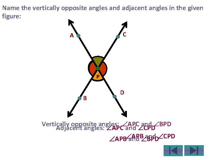 Name the vertically opposite angles and adjacent angles in the given figure: C A
