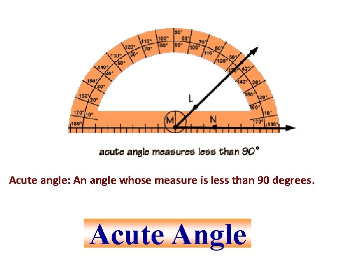 Acute angle: An angle whose measure is less than 90 degrees. Acute Angle 