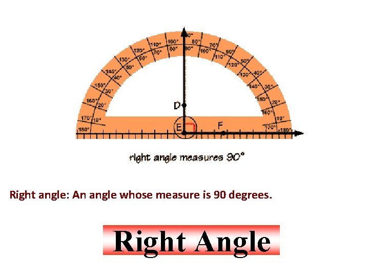 Right angle: An angle whose measure is 90 degrees. Right Angle 