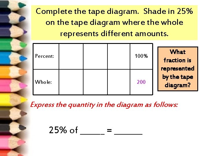 Complete the tape diagram. Shade in 25% on the tape diagram where the whole Complete the tape diagram. Shade in 25% on the tape diagram where the whole