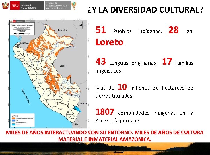¿Y LA DIVERSIDAD CULTURAL? 51 Pueblos Loreto. Indígenas. 28 en 43 Lenguas originarias. 17