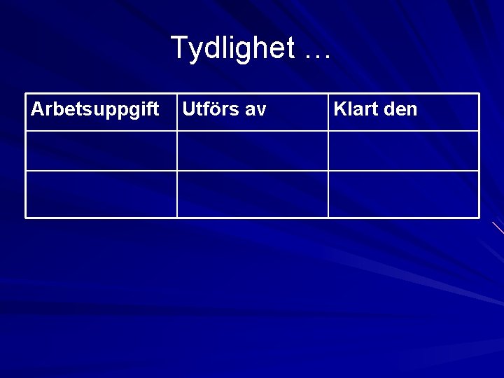 Tydlighet … Arbetsuppgift Utförs av Klart den Tydlighet … Arbetsuppgift Utförs av Klart den