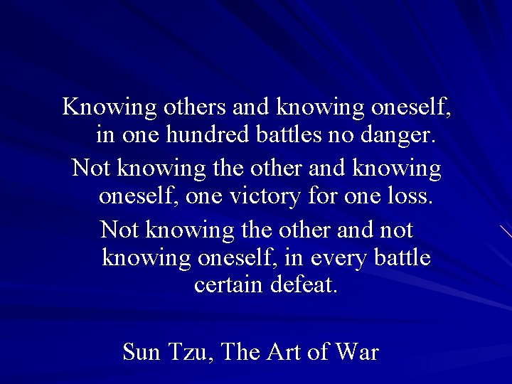 Knowing others and knowing oneself, in one hundred battles no danger. Not knowing the Knowing others and knowing oneself, in one hundred battles no danger. Not knowing the