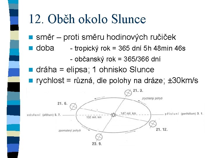 12. Oběh okolo Slunce směr – proti směru hodinových ručiček n doba - tropický