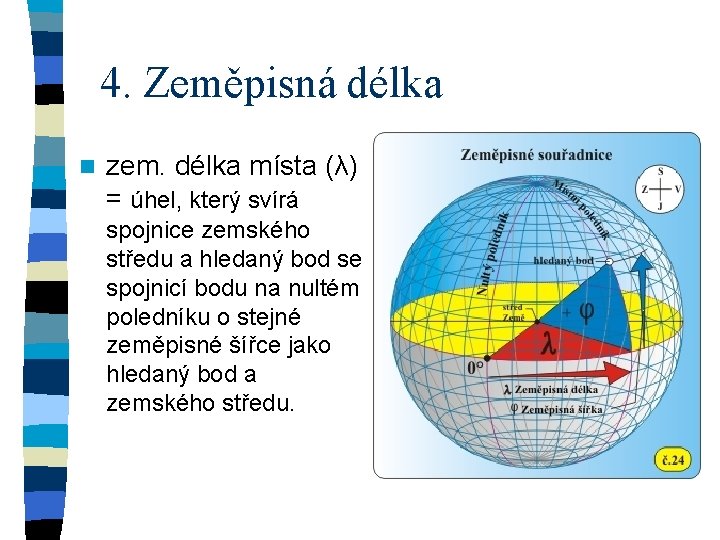 4. Zeměpisná délka n zem. délka místa (λ) = úhel, který svírá spojnice zemského