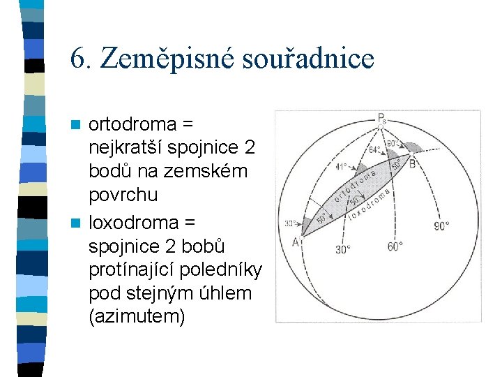 6. Zeměpisné souřadnice ortodroma = nejkratší spojnice 2 bodů na zemském povrchu n loxodroma